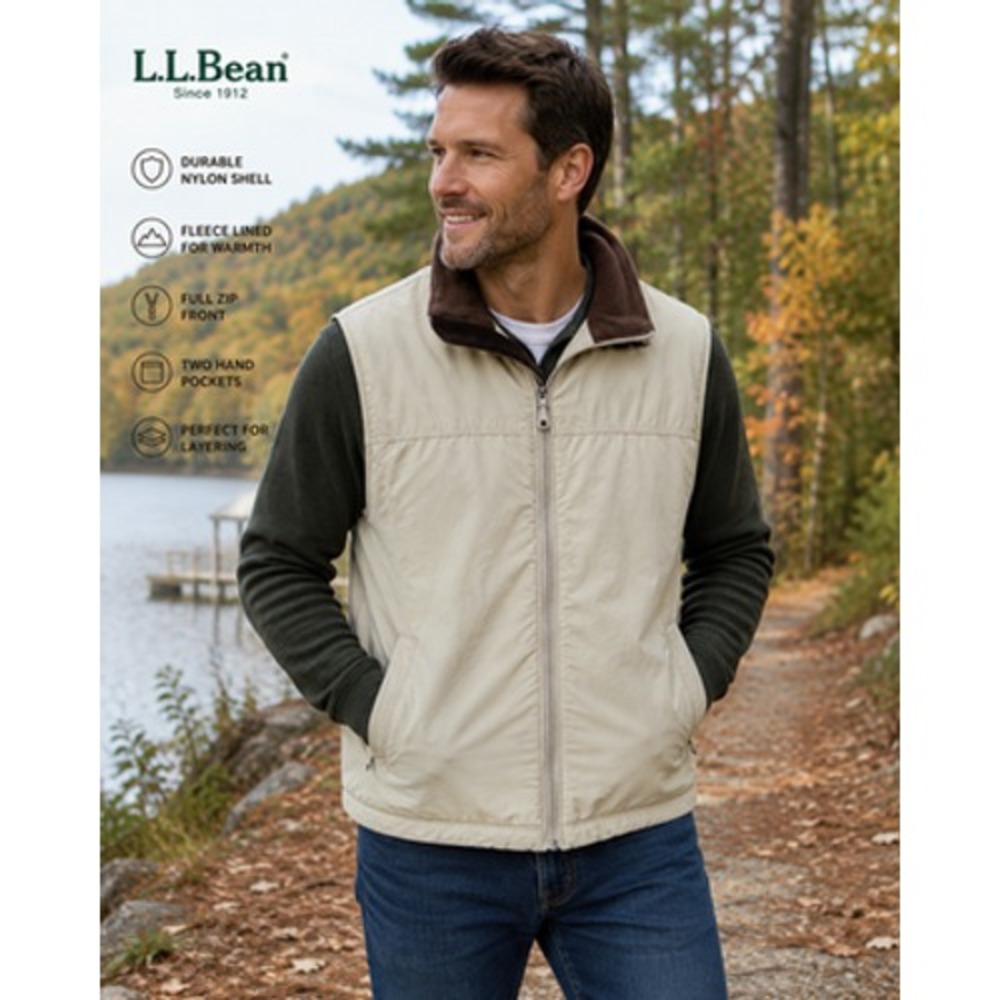 L.L.Bean Men's XL Fleece Lined Nylon Full Zip Vest Khaki‎ Brown Outdoor Hiking